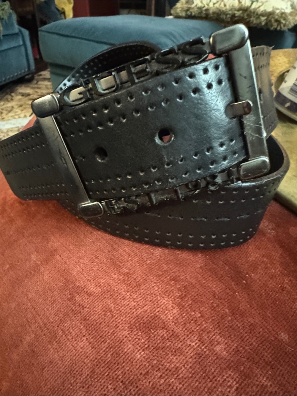 Guess Men's Black Perforated Leather Belt with Metal Logo Buckle